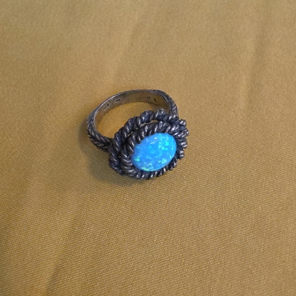 Blue Opal Cabochon Rope-Detail Ring